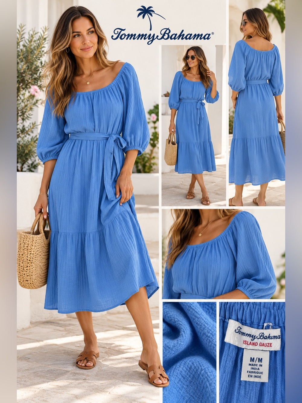 Tommy Bahama Sky Blue Island Gauze Midi Dress with Tie Waist Sz M/L NWT